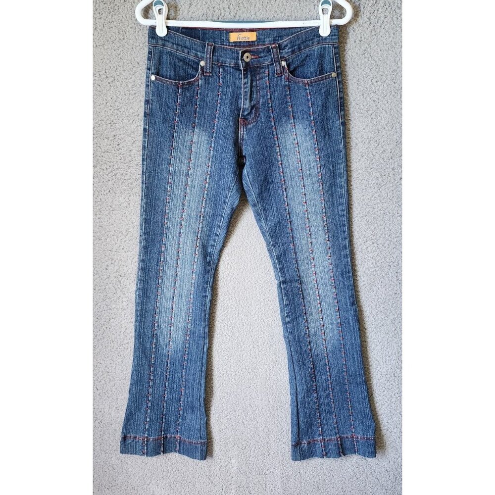 Vtg Y2K HOTTIE Women's Sz 5 Bootcut Mid Rise Stretch Jeans Red Stitching Faded